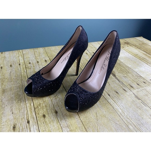 Women's Size 8.5 Black Glitter 4.75"‎ Stiletto Heel Peep Toe Shoes - Picture 1 of 16